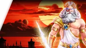 Image featuring Zeus holding a lightning bolt at sunset, promoting the Gods Gifts Tournament at 7K Online Casino with a mythological theme.