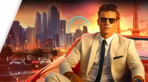 Image featuring a stylish man in a white suit and sunglasses sitting in a luxury car against the backdrop of a glowing city skyline, promoting the best bonuses at 7K.