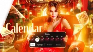 Image showcasing a female character in a luxurious setting, promoting the tournament calendar at 7K Online Casino with dates and cash rewards.