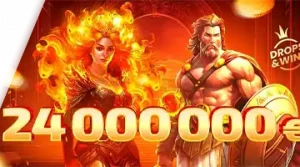 Image promoting the 24 million euro prize pool for the Drops & Wins Pragmatic Tournament at 7K Online Casino, featuring Greek gods in an intense scene.